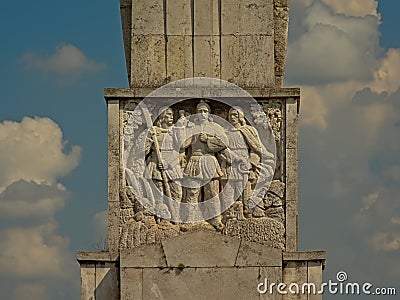 Bas relief of three warriors, Detail of the Monument of Romanian heroes in the old citadel of Alba Iulia, low angle view Editorial Stock Photo